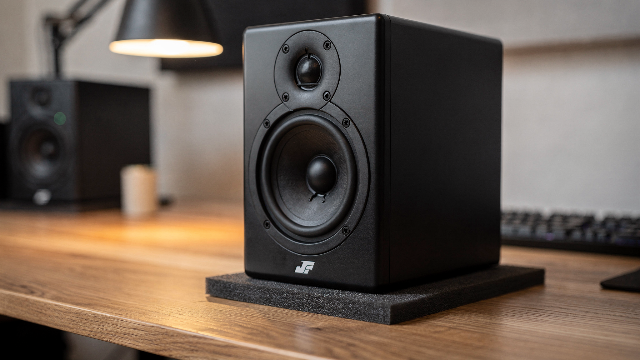 A studio monitor on a foam isolation pad on a wooden desk