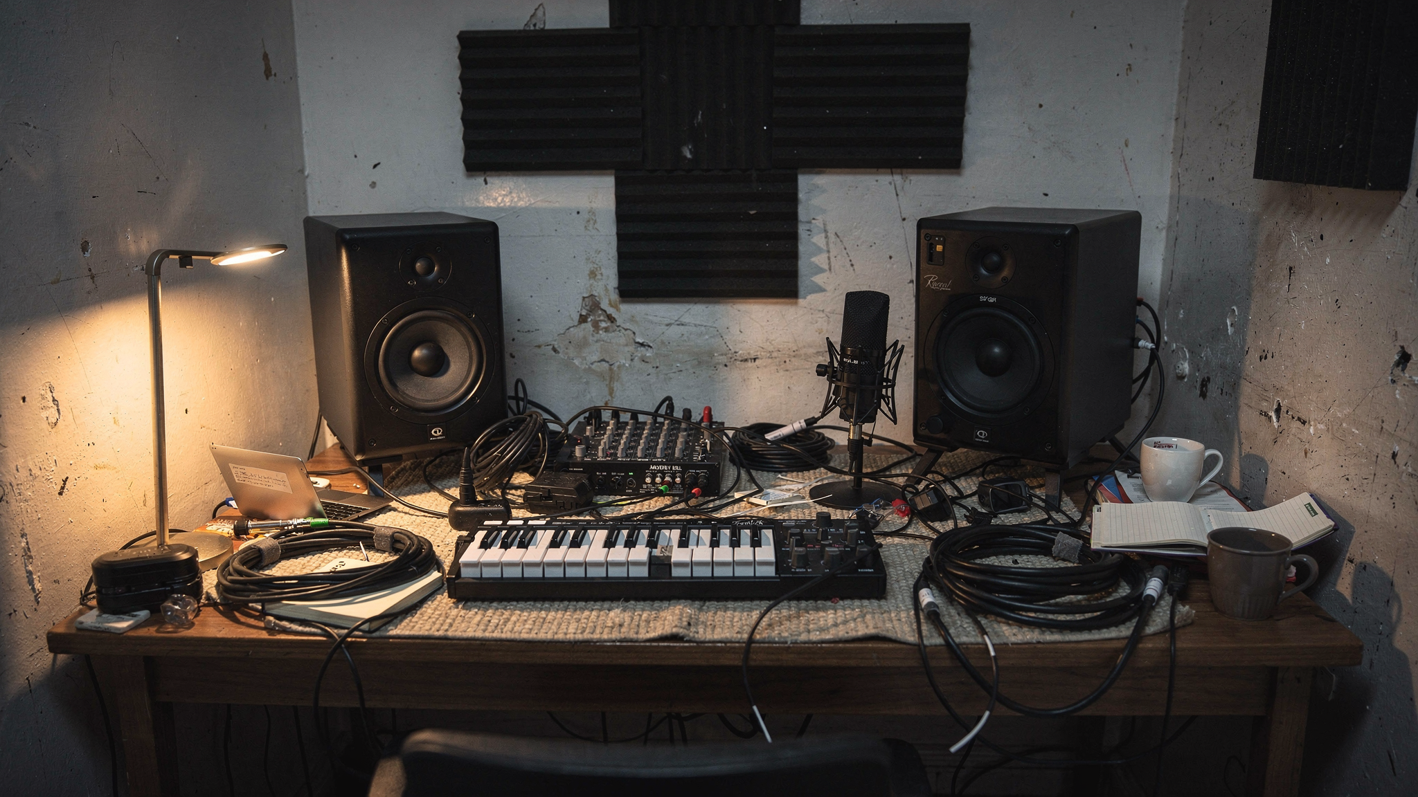 A cramped home studio desk with a single pair of monitors and no space for more