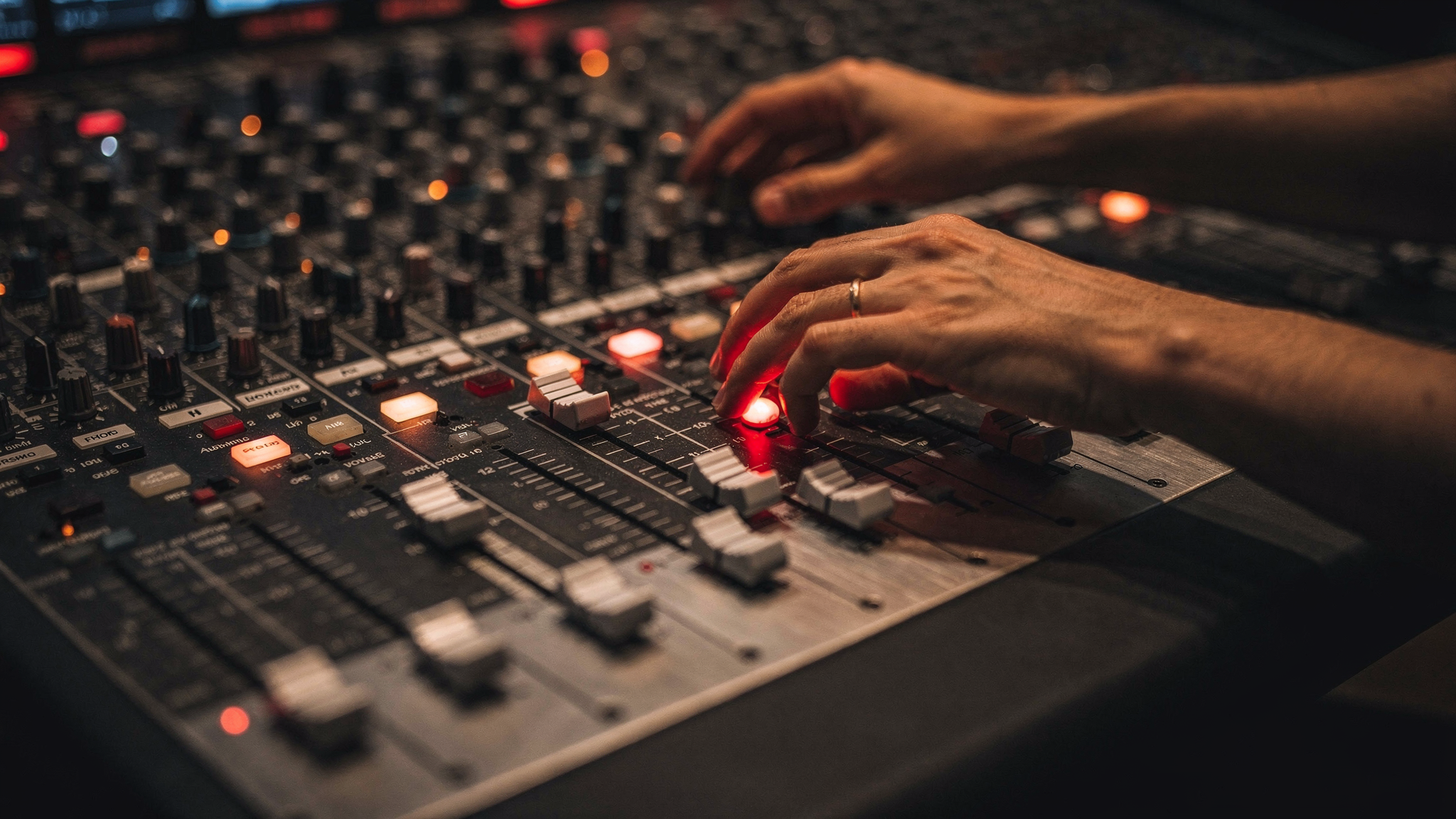 Hands on a mixing console fader during an A/B comparison
