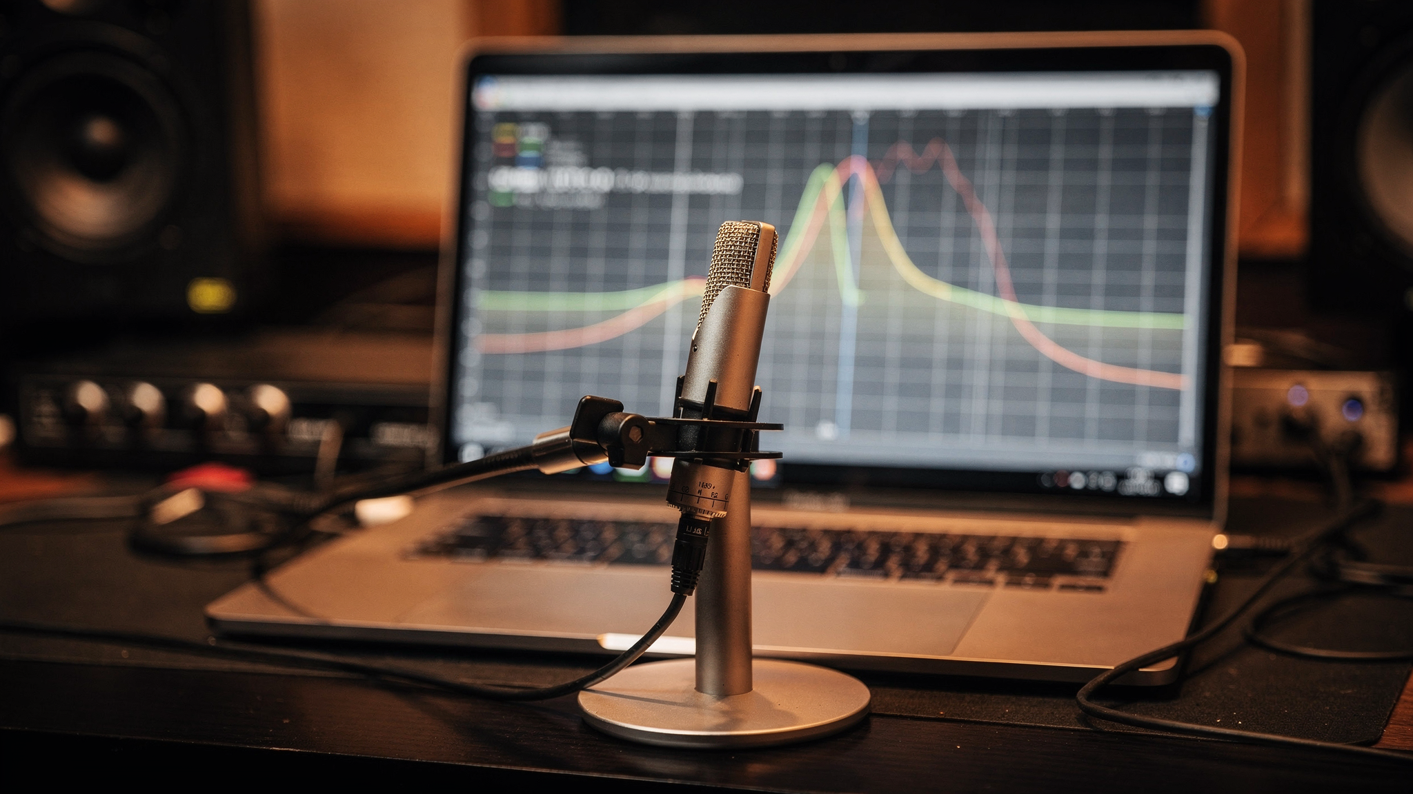 A measurement microphone at a mix position with a room frequency response graph on a laptop behind it