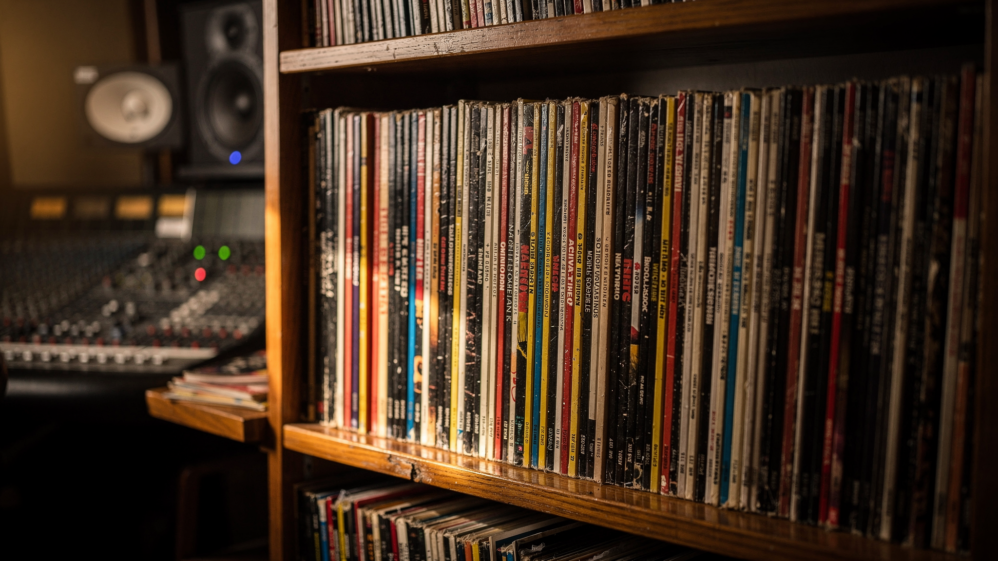 A curated shelf of vinyl records representing a reference track library