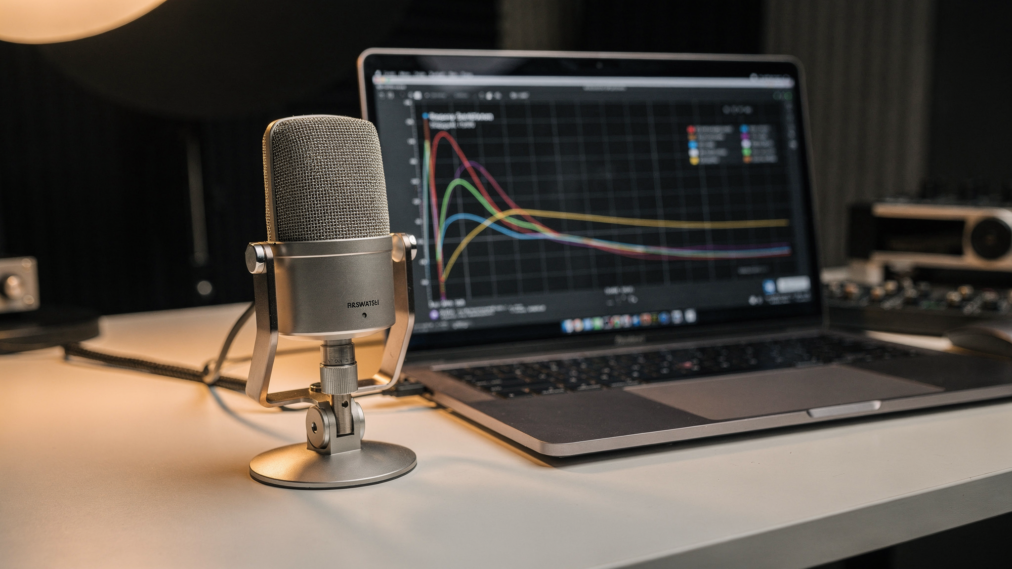 A measurement microphone and laptop showing a room correction graph on a studio desk