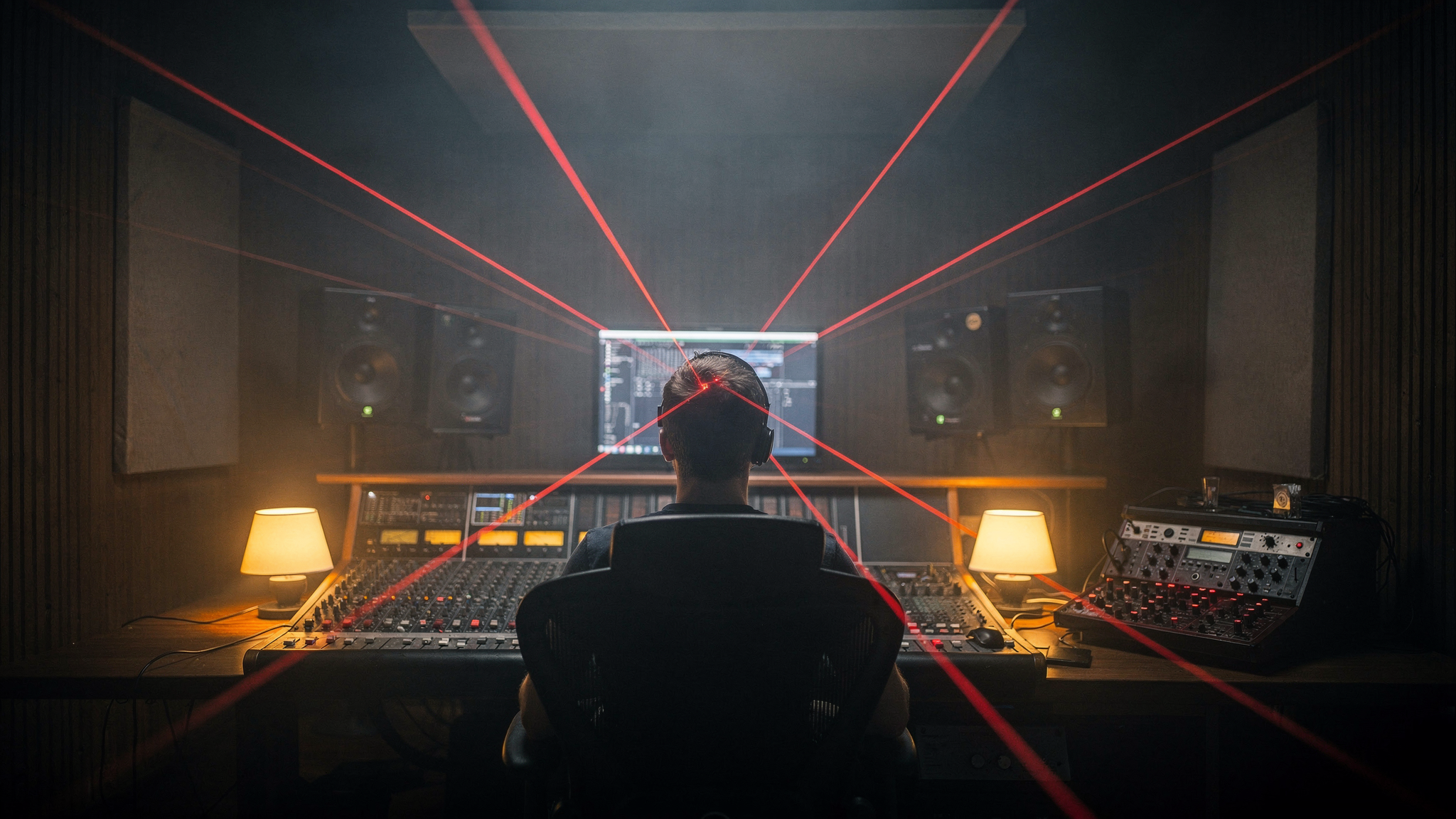 A mix engineer at a desk with red measurement lines radiating from the room corners to the listening position